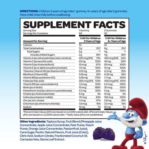 The Smurfs Kids Multivitamin Gummies with 15 Daily Vitamins and Minerals for Growth & Development | Made with Real Fruit in a Smurf Berry | Delici...