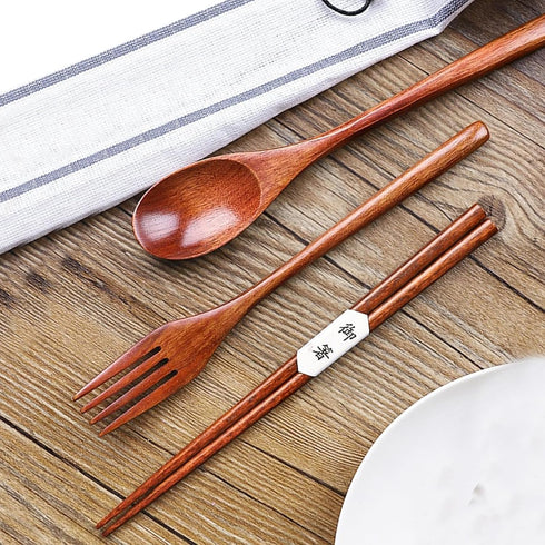 Wooden Flatware Set, 8.8"Chopsticks Spoon Fork Flatware Tableware Cutlery Set Travel Utensils Tied Line Reusable Flatware for Camping,Picnic,Offic...