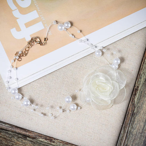 Vintage Camellia Flower Choker Necklace Pearl Lace Flower Tie Cravat Necklace Bride Wedding Party Summer Necklaces for Women...