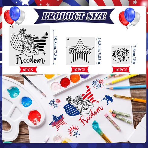 Patriotic Stencils for Painting, 28 PCS 4th of July Reusable Stencil Templates for Cookie Cake Scrapbooking Wood Drawing, American Independence Da...