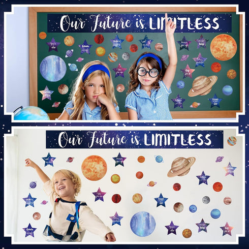 97 Pcs Space Classroom Bulletin Board Decorations Solar System Galaxy Classroom Decorations Cutouts Galaxy Our Future is Limitless with Large Star...