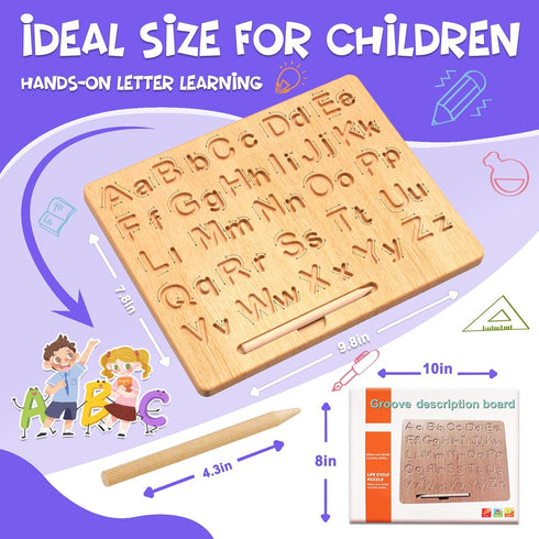 LOOIKOOS Wooden Letters Practicing Board, Double-Sided Alphabet Tracing Tool Learning to Write ABC Educational Toy Game Fine Motor Skill Developme...
