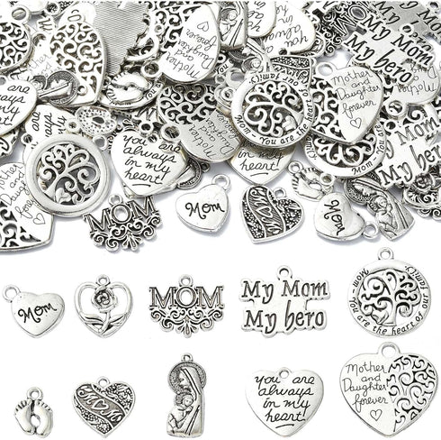 UR URLIFEHALL 100 Pcs Mother's Day Charms Heart Tibetan Charms Tibetan Antique Silver Charms Pendants for DIY Supplies Accessories...