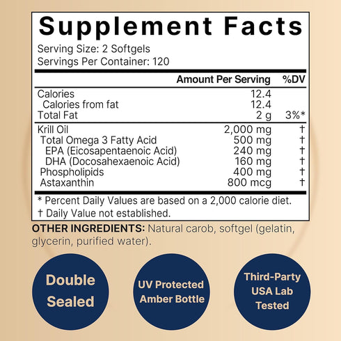 Antarctic Krill Oil 2000mg Supplement, 240 Softgels, 3X Strength Natural Source of Omega-3s, EPA 240mg + DHA 160mg + Astaxanthin 800mcg – No Fishy...