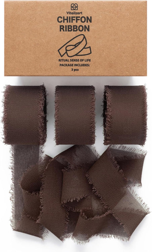 Vitalizart Brown Chiffon Silk Ribbon 1" x 21Yd Fringe Fabric Eco-Friendly Package (3 Rolls *7Yd) for Wedding Invitations Bridal Bouquets Decoratio...