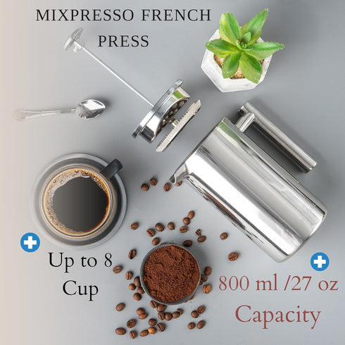 Mixpresso Stainless Steel French Press Coffee Maker 27 Oz 800 ml, Double Wall Insulated French Press Stainless Steel & Tea Brewer Easy Clean & Eas...