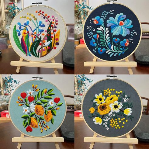 Picoey Modern Flower Heart Embroidery Kit for Beginners with Pattern and Instructions,4 Pack Cross Stitch Kits,2 Wooden Embroidery Hoops,Threads a...