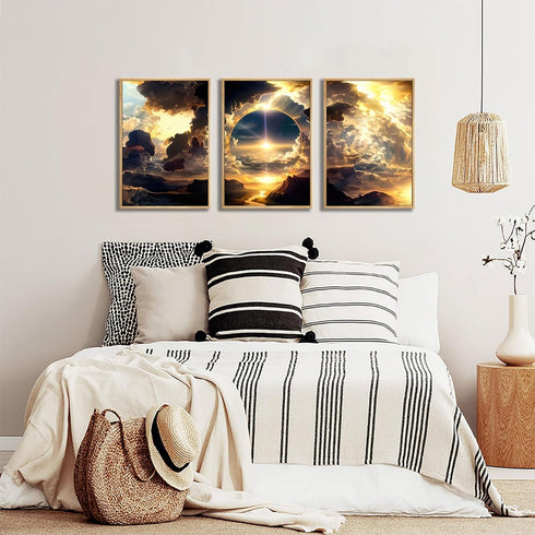3pcs Natural Landscape Wall Art Modern Wall Decor Pictures Sunset, Sky, Clouds, Mountains And Rivers Posters Prints Canvas Paintings for Living Ro...