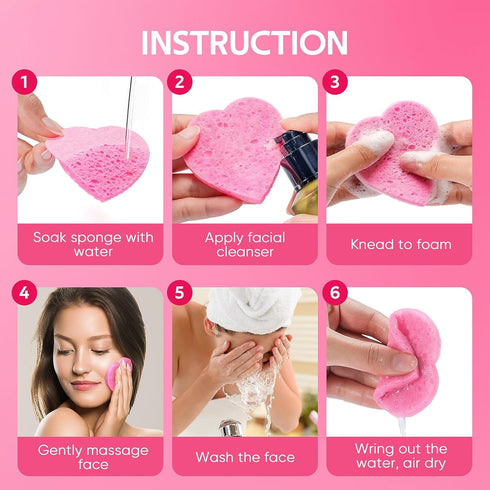 50-Count Heart Shape Compressed Facial Sponges for Daily Facial Cleansing and Exfoliating, 100? Natural Cosmetic Spa Sponges for Makeup Remover...