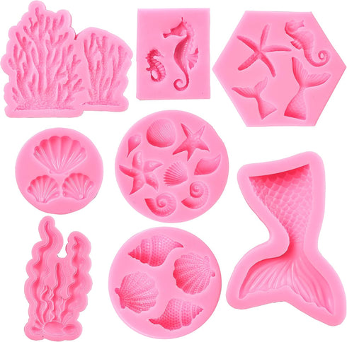 Mermaid Theme Cake Mold, Mermaid, Shell, Seaweed, Coral Silicone Mold Cupcake Toppers Mold for Candy,Chocolate,Fondant,Polymer Clay,Crafting Proje...