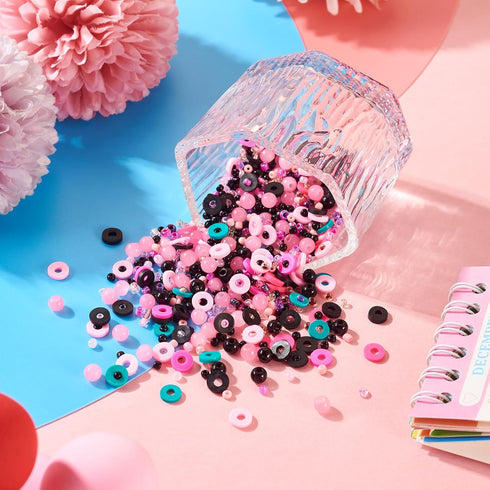 Assorted Pink and Black Beads Kit Pink Heishi Clay Beads Black Pearl Beads Glass Seed Beads Small Rondelle Pony Beads for Crafts DIY Bracelet Jewe...