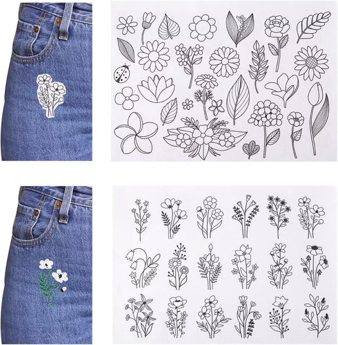 46PCS Water Soluble Stabilizer for Embroidery,Stick and Stitch Embroidery Paper with Pre-Printed Flowers and Leaves Pattern,Embroidery Sewing Stab...