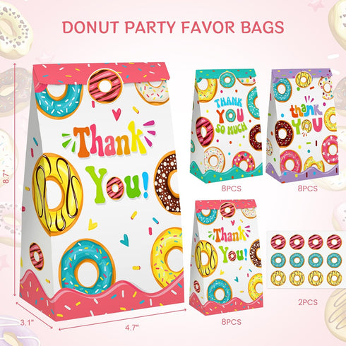 VGOODALL 24PCS Donut Party Favor Bags, Paper Gift Bags Goodie Bags with Stickers Candy Bags for Kids Birthday Party...