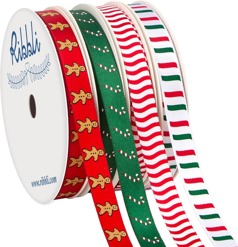 Ribbli Satin 4 Rolls Christmas Ribbon, Gingerbread Man and Candy Cane Ribbon Use for Christmas Craft,Gift Wrapping,Home Decor,3/8 Inches Total 40 ...