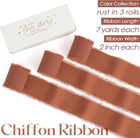 MEEDEE Rust Chiffon Ribbon 2 Inch Frayed Ribbon Fringe Chiffon Ribbon Rust Ribbon for Crafts Silk Chiffon Ribbon for Gift Wrapping Wedding Invitat...