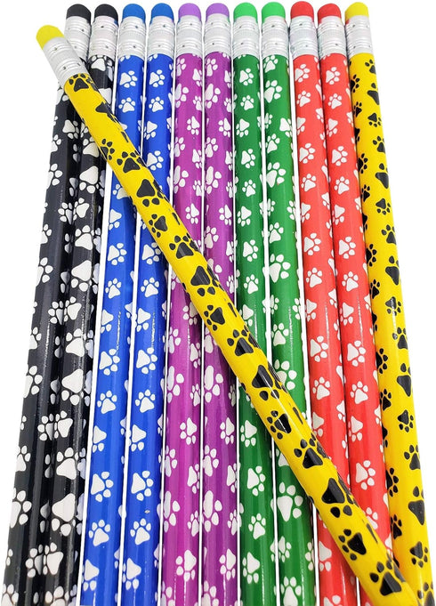 36 PACK Paw Print on Colorful #2 LEAD Pencils - Wooden with Colorful Eraser on Top (36 Pack) In Bulk....