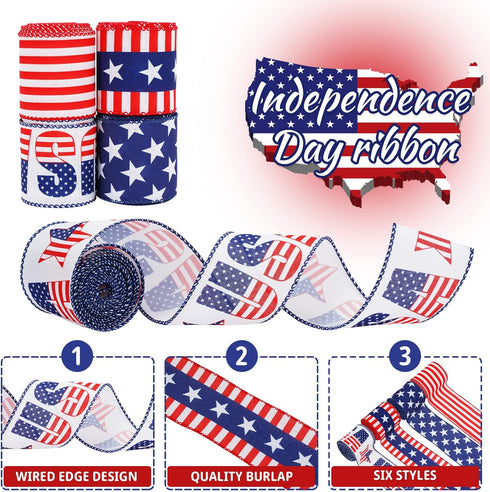 Patriotic Wired Edge Ribbon 24 Yards USA Flag Stars Stripes Craft Fabric Ribbon 4th of July Decorative Wrapping Ribbon for Independence Day Memori...