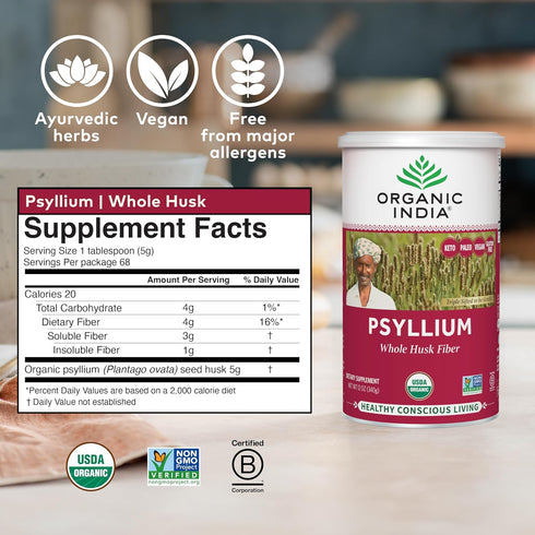 ORGANIC INDIA Psyllium Herbal Powder - Whole Husk Fiber, Healthy Elimination, Keto Friendly, Vegan, Gluten-Free, USDA Certified Organic, Non-GMO, ...