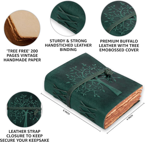 LEATHER VILLAGE Tree of Life Journal - 6 X 4 (A6) inches - Turquoise - 200 Antique Deckle Edge Handmade Paper – Book of Shadows - Vintage Leather ...