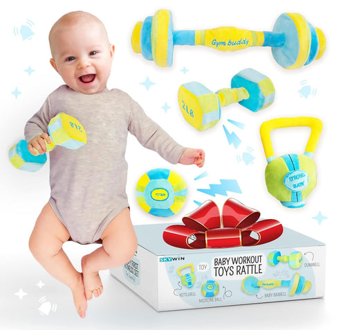 Skywin Baby Workout Toys Fit Training - Baby Shower Set of 4 Soft, Durable and Safe Plush Baby Rattle Toys for Ages 0+...
