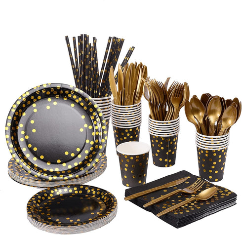 201 Black and Gold Party Supplies, Golden Dot Disposable Party Dinnerware - Black Paper Plates Napkins Cups, Gold Plastic Forks Knives Spoons for ...