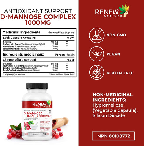 Renew Actives HIGH Potency D-Mannose & Cranberry Complex 1000MG – with Premium Hibiscus, Dandelion Herb Extracts – Antioxidant Support - NO Artifi...