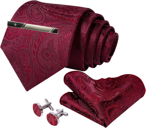 Mens Silk Tie and Pocket Square Cufflinks Clip Set, Designer Woven Necktie Set for Wedding Business Prom...