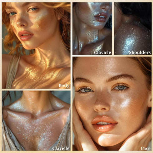 UCANBE 3 Pcs Face Body Glitter Liquid Highlighter Illuminator Dewy Drops with Makeup Brush, Makeup Sparkle Shine Luminizer Enhancer Body Shimmer T...