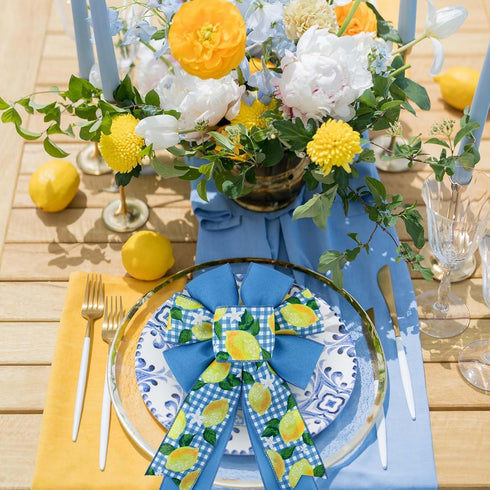 2 Rolls 20 Yards Blue Tile Lemon Wired Edge Ribbon Yellow Summer Fruit Flower Printed Fabric Ribbon for Baby Shower Birthday for Gift Wrapping Wre...