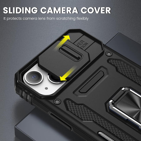 Maxdara for iPhone 14 Case & iPhone 13 Case with Slide Camera Cover & Built-in 360° Rotating Ring Kickstand & Glass Screen Protector Protective Co...