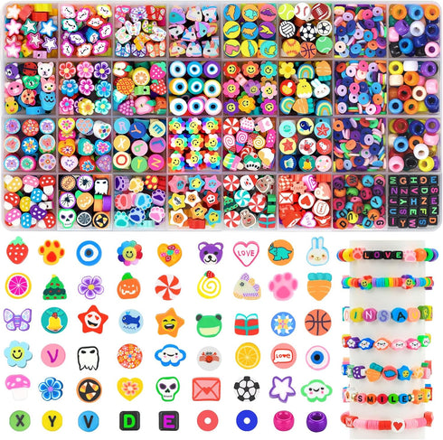 1060pcs Polymer Clay Beads Charms Kits 28 Styles Cute Fun Clay Beads Charms Flower Butterfly Heart Letter Pony Beads Charms for Women Girls Jewelr...