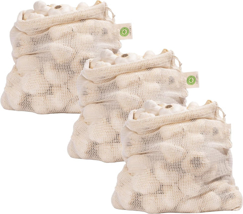 Reusable Garlic Storage Bags - Organic Cotton Garlic Mesh Bags with Drawstring - Washable Garlic Holder Storage - Net Garlic Keeper Sacks - Onion ...