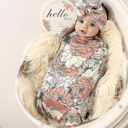 Galabloomer Newborn Receiving Blanket Headband Set Baby Flower Swaddle (cocal almond)...