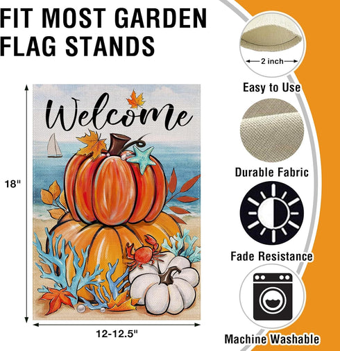 Welcome Fall Pumpkin Small Decorative Garden Flag, Autumn Beach Coastal Coral Leaves Yard Lawn Outside Decor, Thanksgiving Nautical Crab Starfish ...