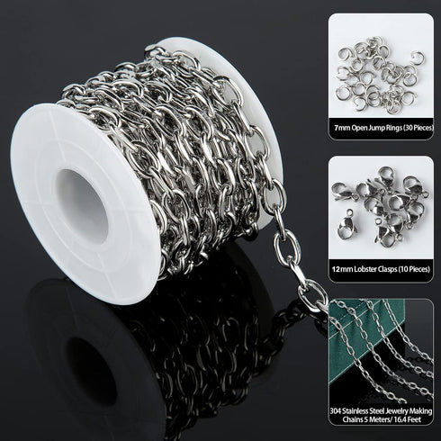 UMAOKANG 304 Stainless Steel Rolo Cable Chains Findings for Jewelry Making Men Women Necklace Bracelet DIY Supplies Silver Chain On Spool with Jum...
