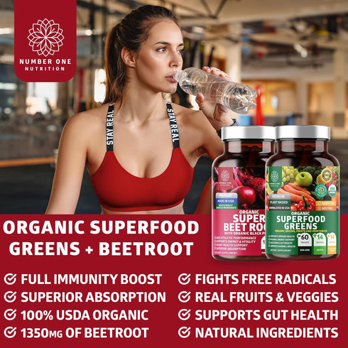 Number One Nutrition N1N Premium and Organic Superfood Greens and Beet Root Tablets for Immunity and Antioxidant Support, Packed with Alfalfa, Spi...