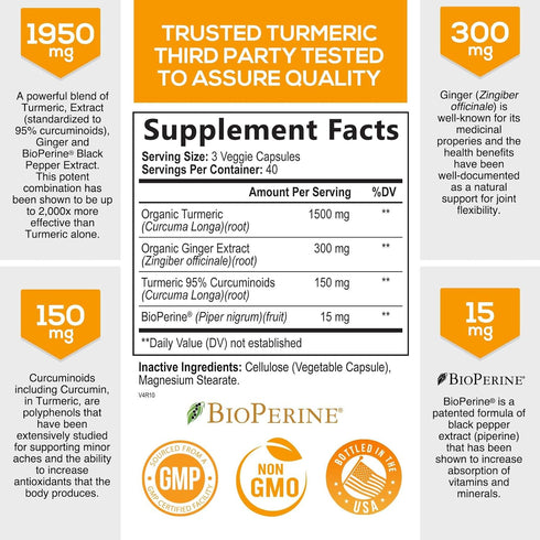 Turmeric Curcumin with BioPerine & Ginger 95% Curcuminoids 1950mg - Black Pepper Extract for Max Absorption, Nature's Joint Support Supplement, He...