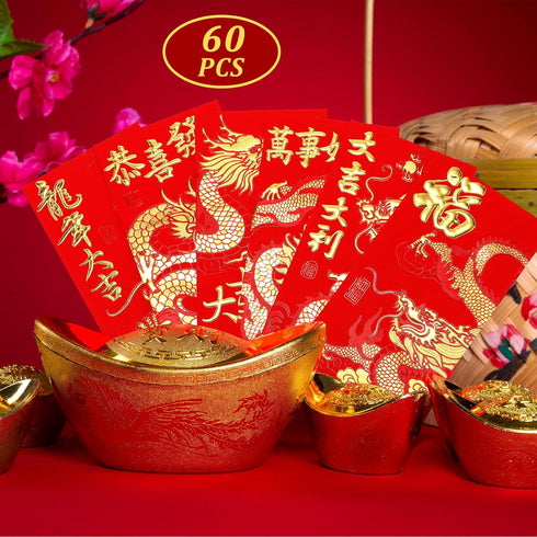 60 Pcs Chinese New Year Red Envelopes 2024 Chinese Red Envelopes Chinese New Year Hong Bao Chinese Red Pocket Lunar New Year of Dragon Lucky Money...