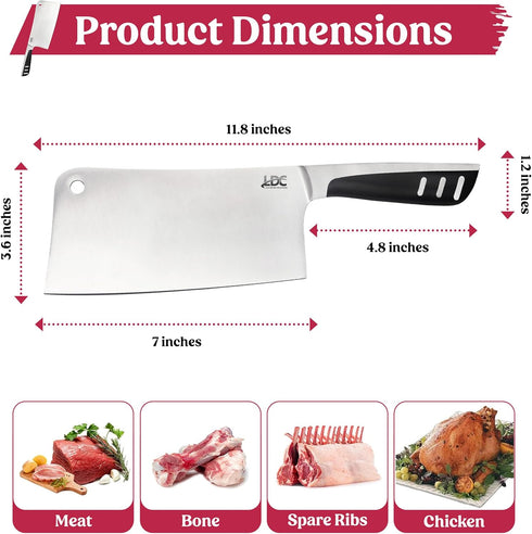 LDC Meat Cleaver 7" Inch Knife - High-Carbon Stainless Steel for Heavy-Duty, Chef Knife for Meat and Vegetable Slicing, Mincing and Chopping....