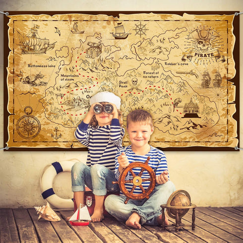 Blulu Pirate Party Decorations Halloween Treasure Map Pirate Theme Backdrop Background Jewelry Map Banner Photography for Halloween Party Supplies...