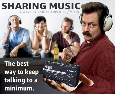 AXA40 Mini 4 Channel Combination 1/4" and 3.5mm TRS Stereo Headphone Amplifier w/Two 3.5mm and Two ¼” TRS Stereo Outputs Includes 12V Power Supply...