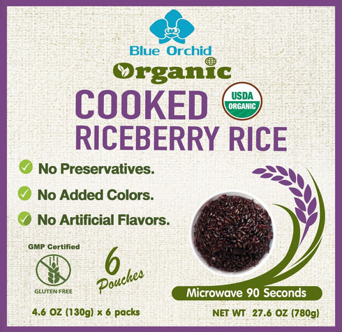 Organic Cooked Thai Riceberry Rice - Steamed Rice Microwaveable Pouch from Thailand - Superfood Healthy Ready to Eat 6 x 4.6 oz (Riceberry 6 Pouch...