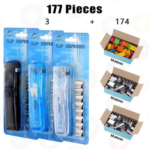 3 Pack Paper Clam Portable Handheld Paper Clip Dispenser 30 Sheet Capacity with 50 Pcs Reusable Colorful and 124 Pcs Silver Clips Fast Paper Clipp...