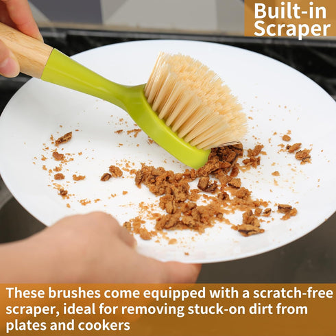 2 Pack Kitchen Dish Brush Bamboo Handle Dish Scrubber Built-in Scraper, Scrub Brush for Pans, Pots, Kitchen Sink Cleaning, Dishwashing and Cleanin...