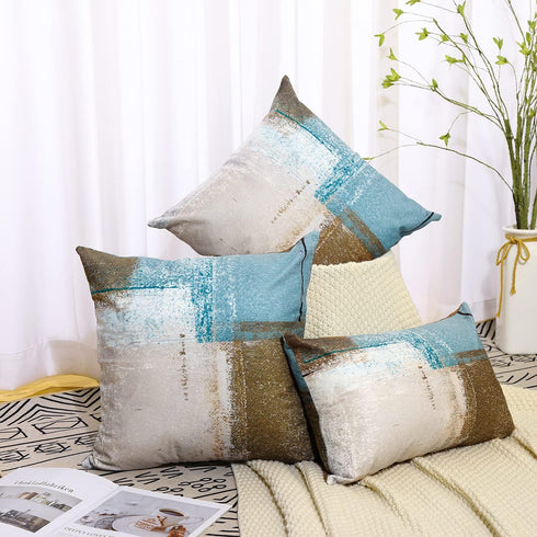 Set of 2 Decorative Pillow Case Throw Pillows Covers for Couch Indoor Bed 18 x 18 Inch, Blue Brown Abstract Art Painting Home Sofa Cushion Cover P...