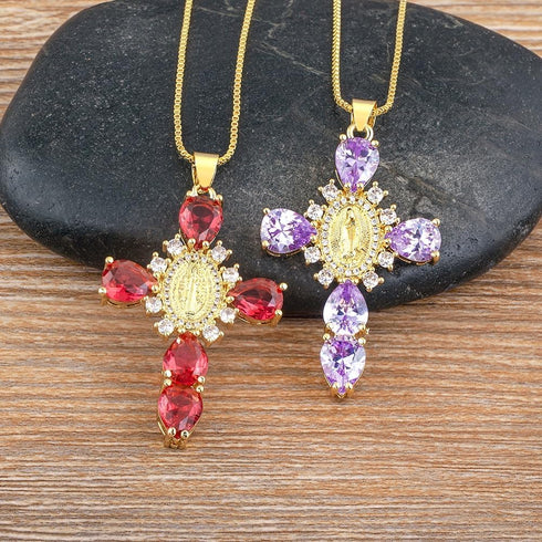 Crystal Zircon Cross Necklace For Women Choker Charm Virgin Mary Pendant Box Chain Female Jewelry Collier Femme - Gold-color - 17.5 inch (box)...