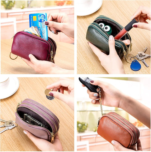 3 Zippered Genuine Leather Coin Purse Triple Capacity Change Pouch Little Travel Wallet With Key Ring for Women...