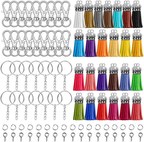 Keychain Tassles, Cridoz 300pcs Bulk Keychains Ring Set Includes 50pcs Tassels for Crafts, 50pcs Keychain Clips, 50pcs Key Chain Rings, 100pcs Jum...