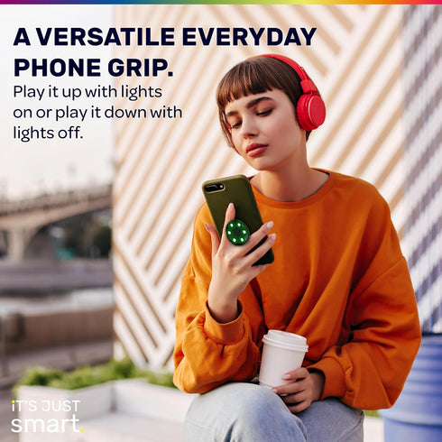 It's Just Smart Expandable Cell Phone Grip with LED Lights by ONQU, Universal and Collapsible BrightGrip with Rechargeable, App Controlled, Sound ...