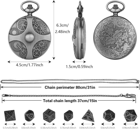 Mini DND Dice Set with Steampunk Gear Pocket Watch Shell Case, 7pcs Polyhedral Metal D&D Dice Set, DND Gifts with Gift Box, Role Playing Board Gam...